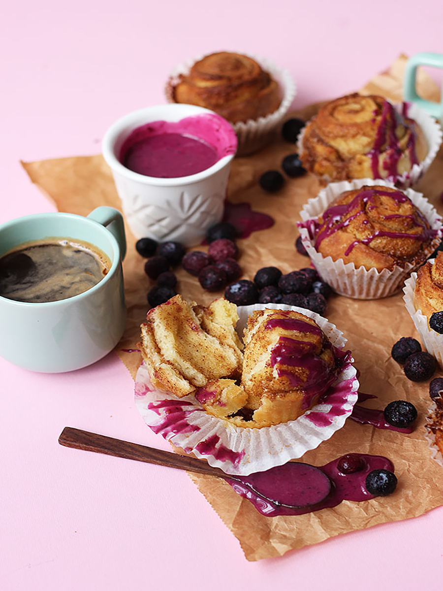 Cinnamon Muffins with Blueberry Cream Cheese Glaze